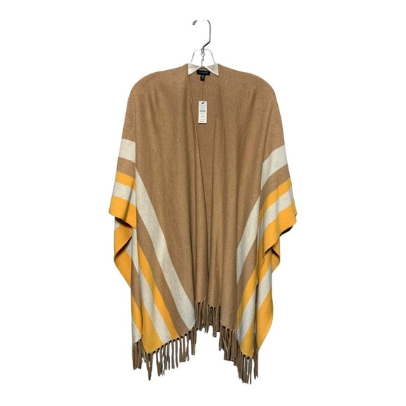 Talbots Fringe Knit Ruana Wrap Almond Heather Color Block Cotton Blend Scarf - Picture 2 of 6